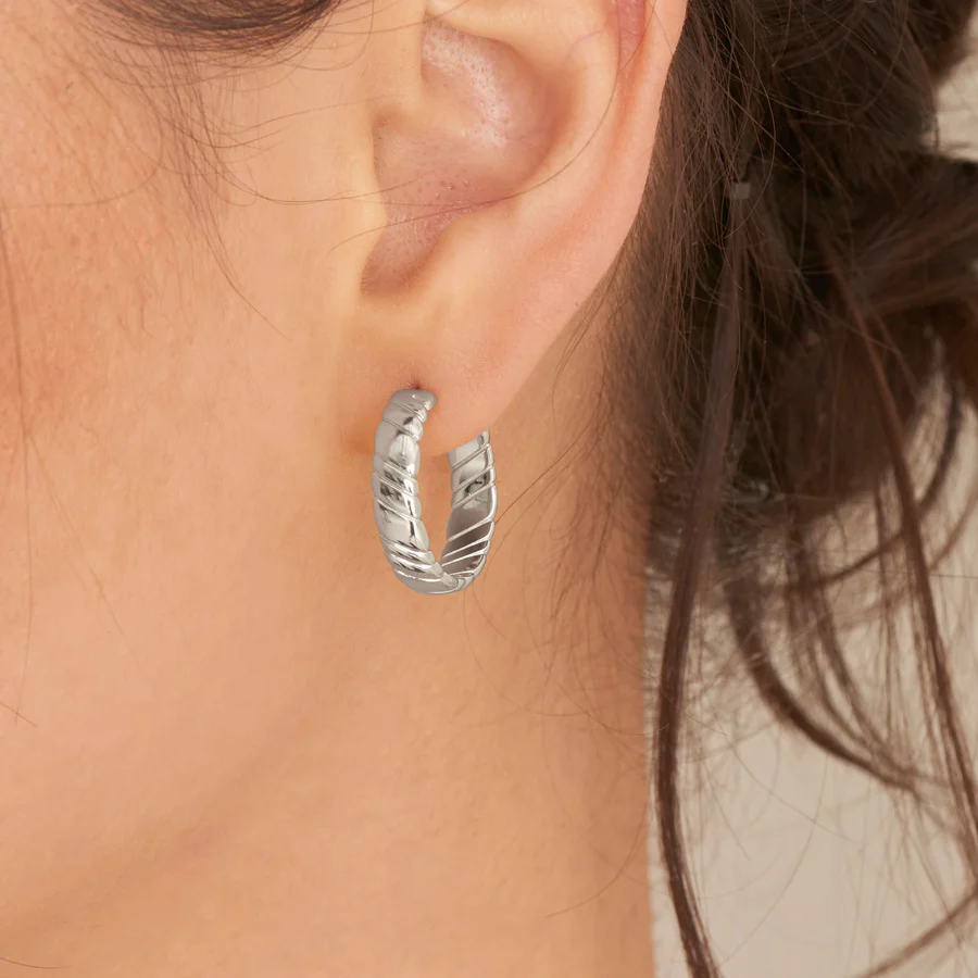Silver Smooth Twist Hoop Stud Earrings - Image 2